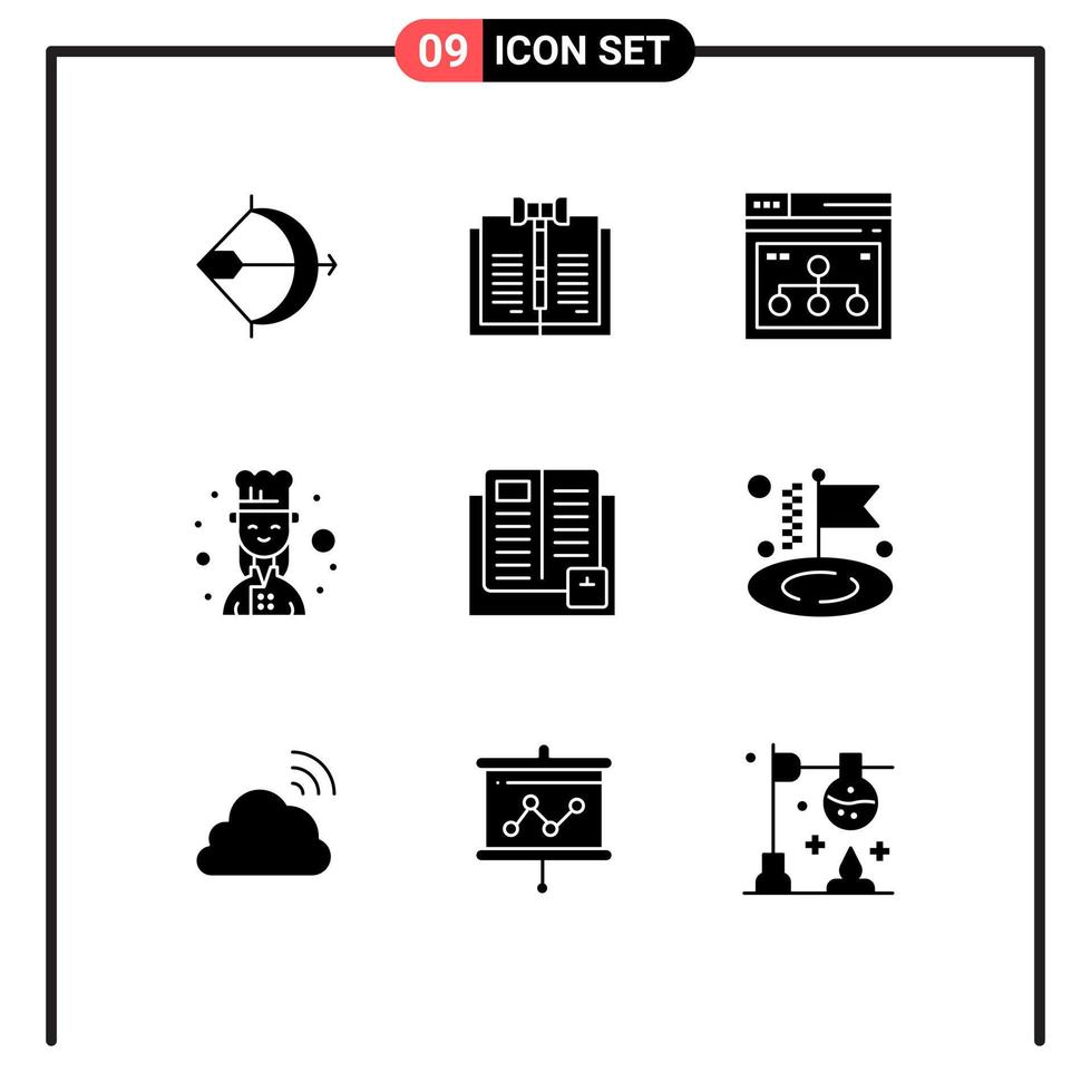 grupo de símbolos de ícones universais de 9 glifos sólidos modernos da lei do chef feminino compartilham elementos de design de vetores editáveis na web