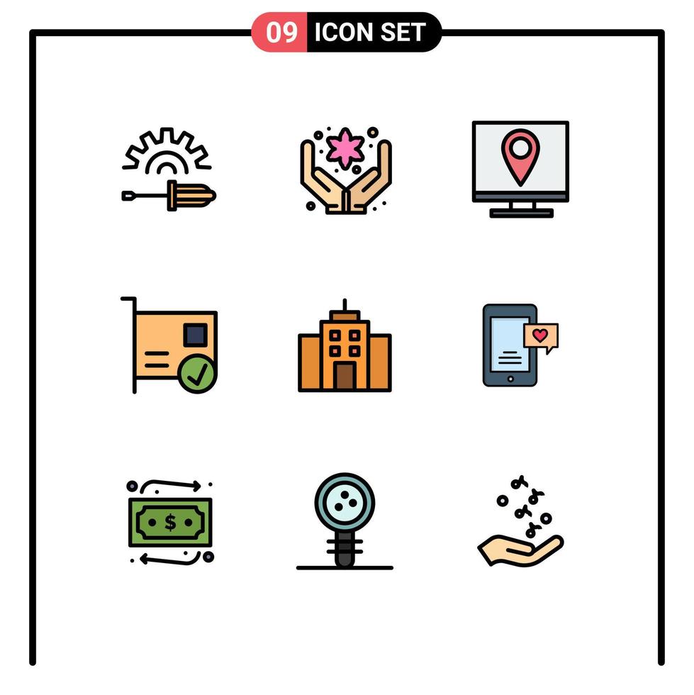 9 interface do usuário pacote de cores planas de linha cheia de sinais e símbolos modernos de dispositivos de construção entre em contato com elementos de design de vetores editáveis de cartão conectado