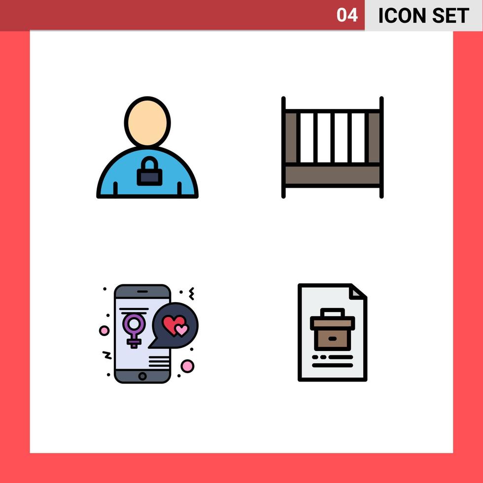 pacote de cores planas com linha preenchida de 4 símbolos universais do aplicativo de avatar quarto bloqueado ama elementos de design de vetores editáveis