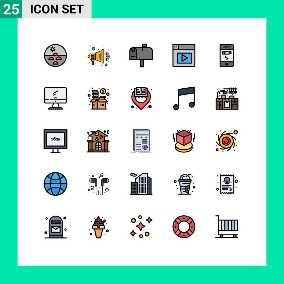 grupo de 25 cores planas de linhas preenchidas modernas definidas para design de bateria de correio de carga de status elementos de design de vetores editáveis