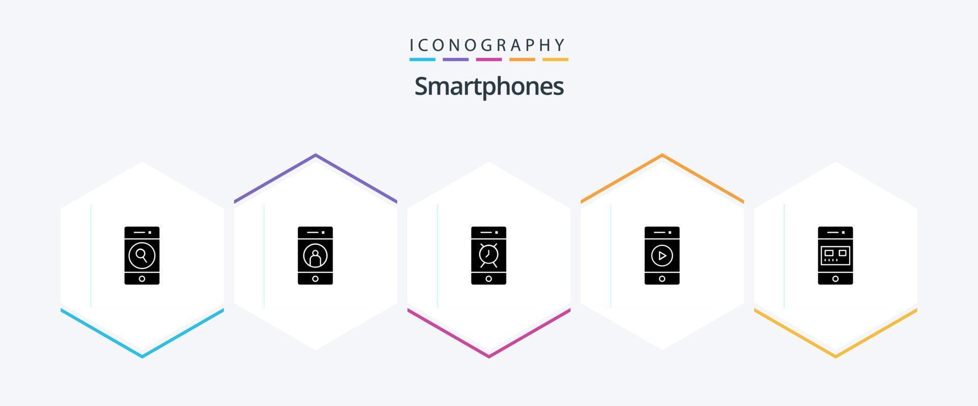 Pacote de ícones de 25 glifos para smartphones, incluindo banco. som. telefone. música. telefone vetor