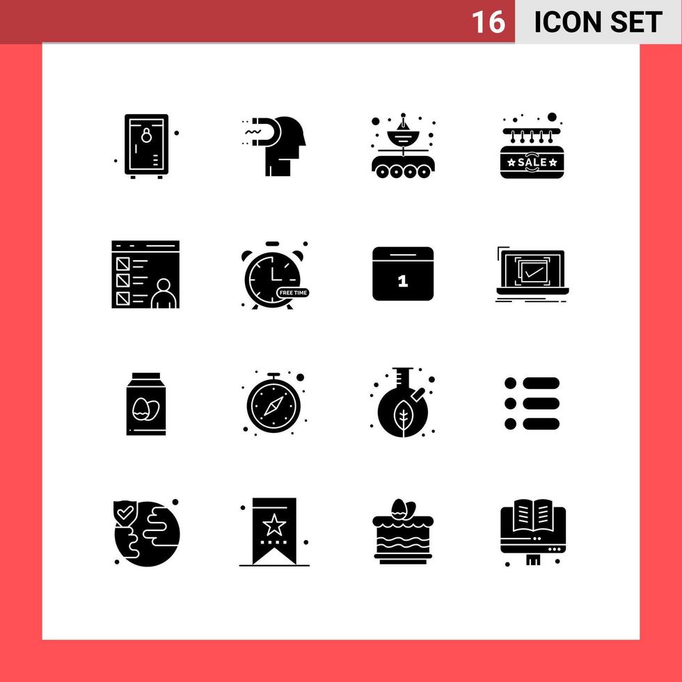 pacote de glifos sólidos de 16 símbolos universais de placa de chumbo de venda de porta, parábola, elementos de design de vetores editáveis