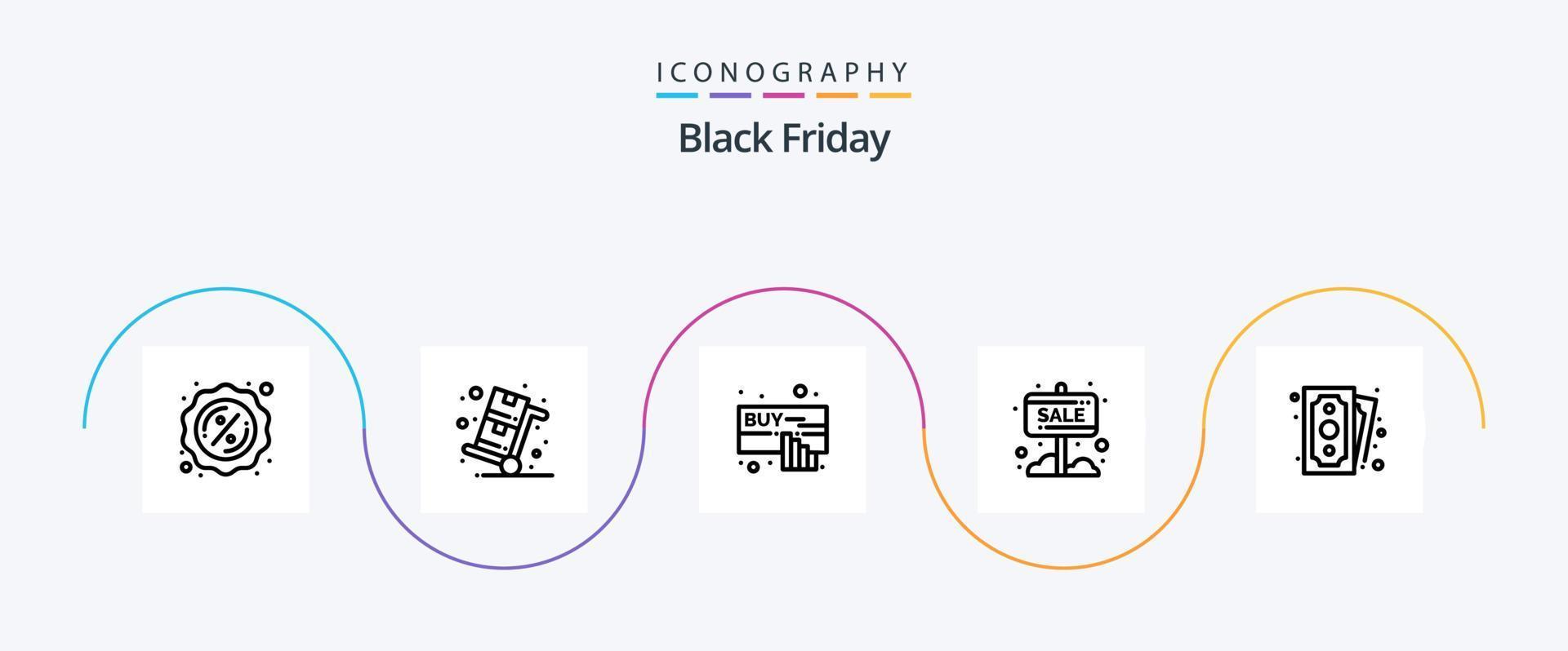 Black Friday Line 5 Icon Pack, incluindo dinheiro. placa de venda. Comprar. venda. bandeira vetor