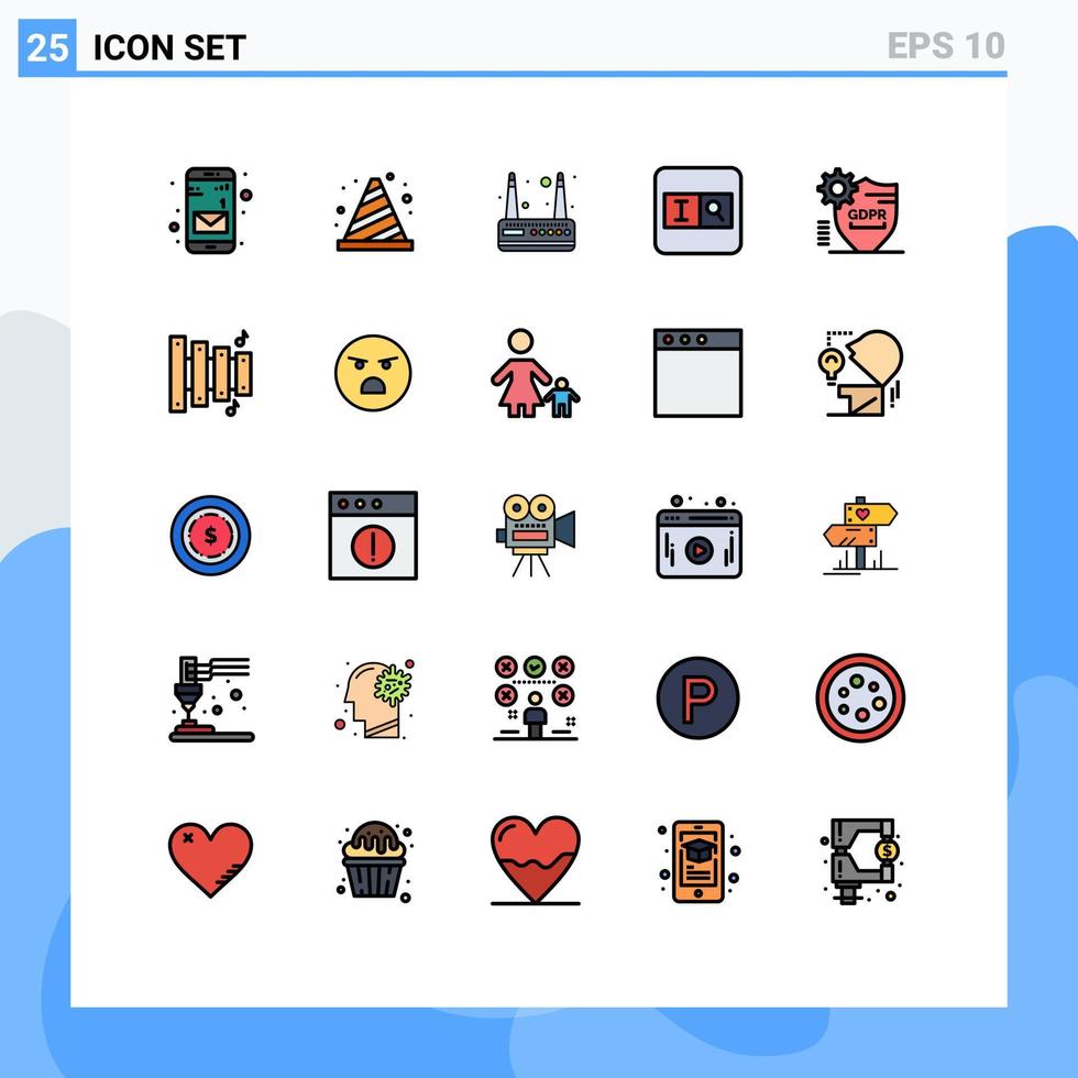 pacote de 25 sinais e símbolos modernos de cores planas de linha preenchida para mídia de impressão na web, como elementos de design de vetor editáveis de pesquisa gdpr de modem bloqueado seguro
