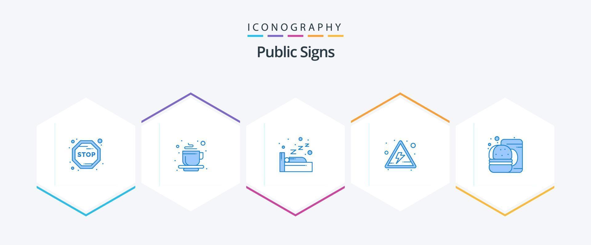 pacote de ícones de sinais públicos 25 azul, incluindo . comida rápida. dorme. beber. sinais vetor