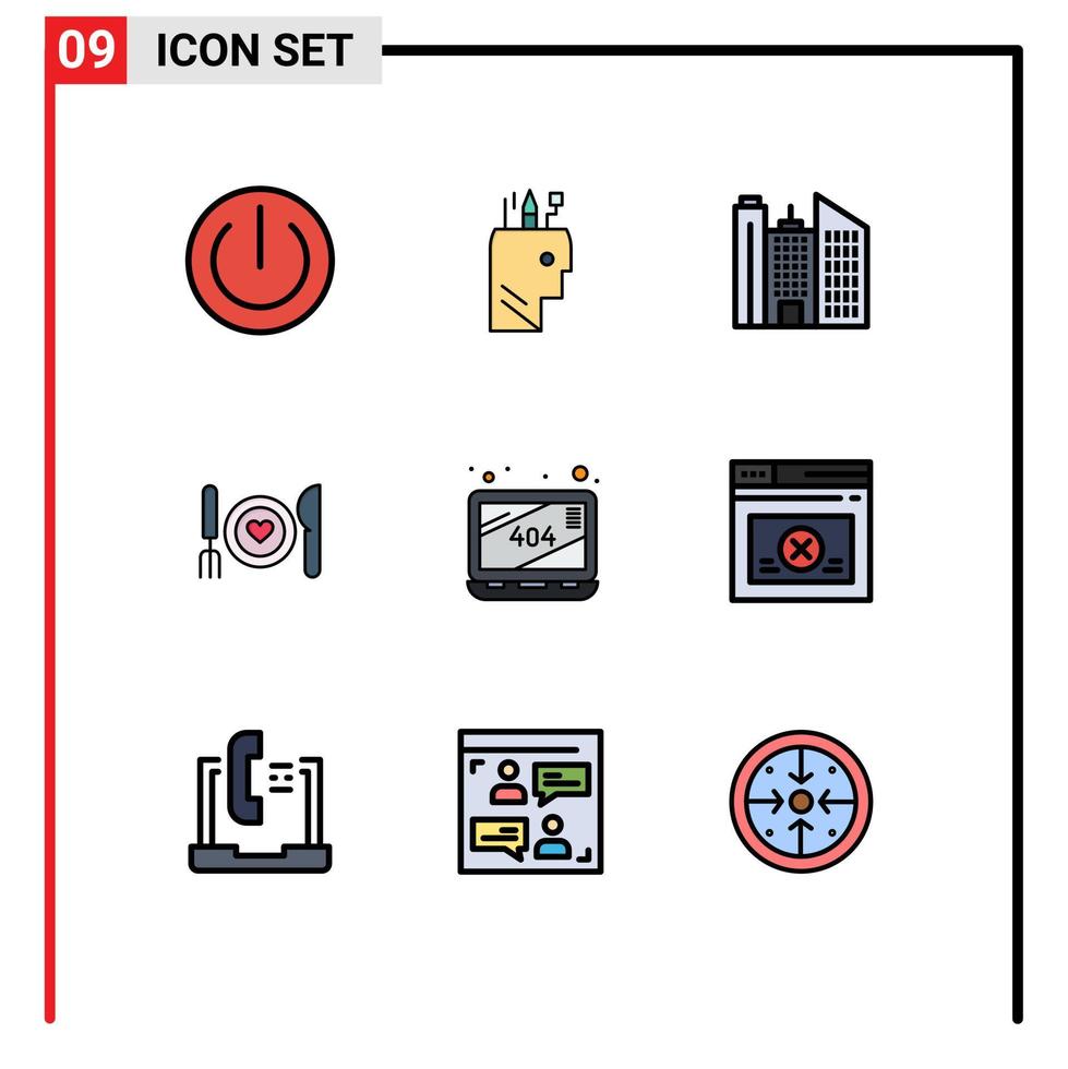 pacote de interface do usuário de 9 cores planas básicas de linhas preenchidas de elementos de design de vetores editáveis de jantar de comida escolar de data de erro