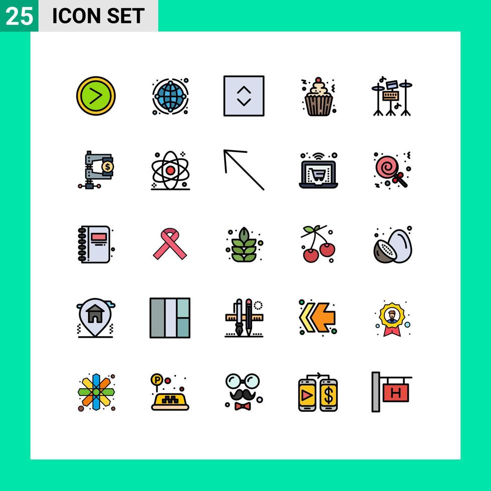 grupo de 25 cores planas de linha preenchidas modernas definidas para cupcakes de tambor, bolo de cupcake mundial, elementos de design de vetores editáveis