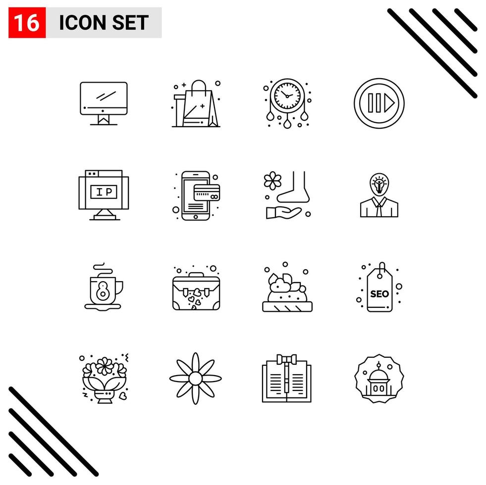 grupo de símbolos de ícone universal de 16 contornos modernos de panos de multimídia passo mídia assistir elementos de design de vetores editáveis