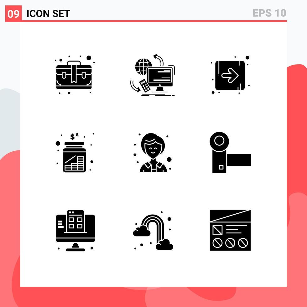 9 interface do usuário pacote de glifos sólidos de sinais e símbolos modernos de empresária dinheiro segurança jar dinheiro editável elementos de design vetorial vetor