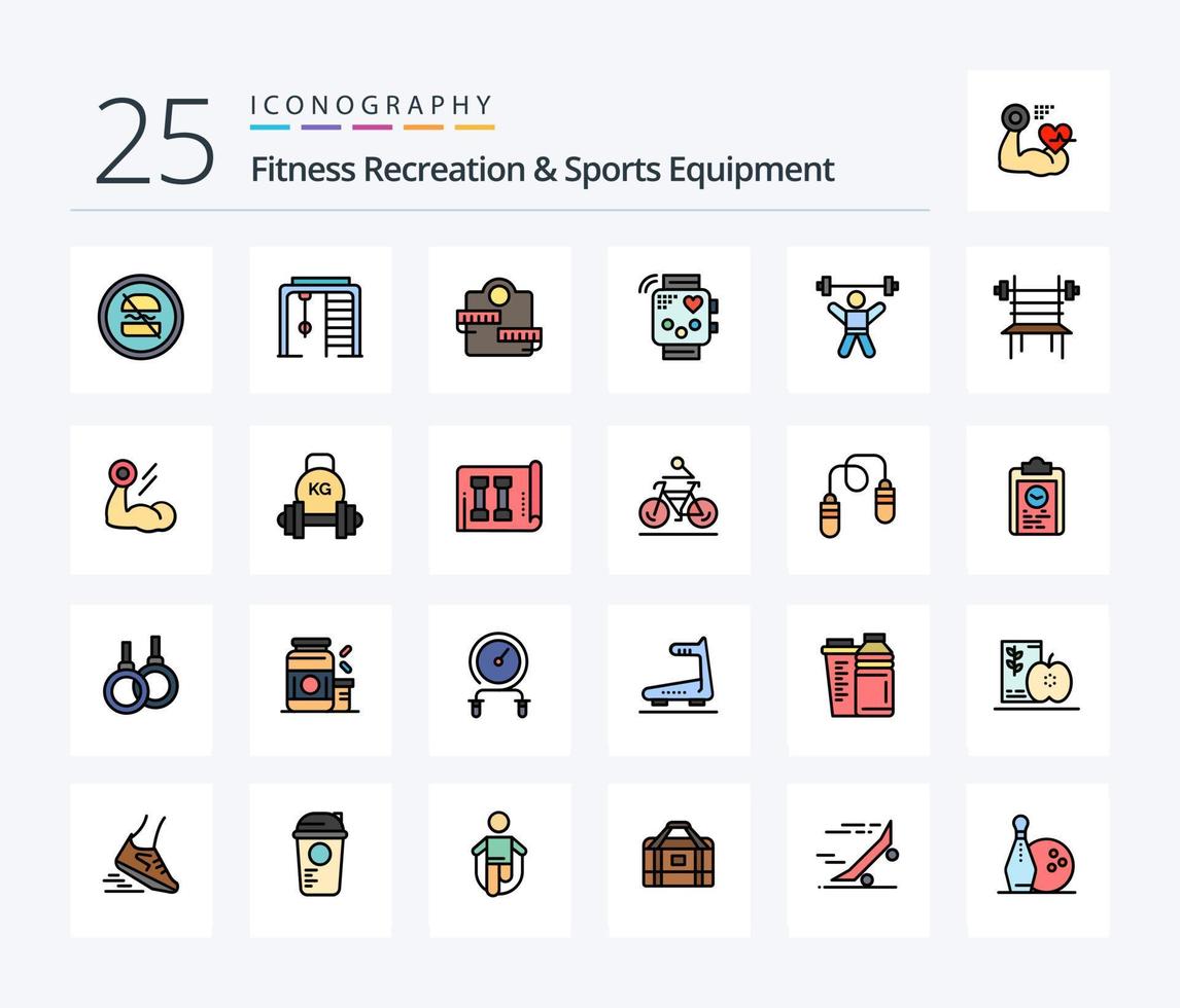 recreação de fitness e equipamentos esportivos pacote de ícones cheios de 25 linhas, incluindo monitoramento. ginástica. jogos. dispositivo. esporte vetor