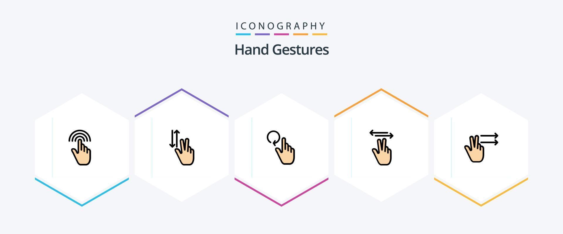 gestos com as mãos 25 pacote de ícones de linha preenchida, incluindo toque. mão. pra cima. gestos. gestos vetor