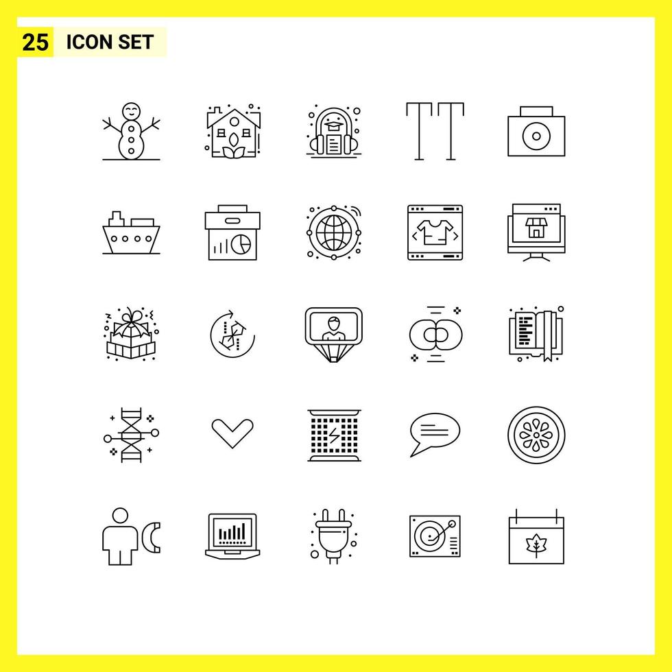 Pacote de linha de interface de usuário 25 de sinais e símbolos modernos de texto de mala de fone de ouvido de barco marítimo editável elementos de design vetorial vetor