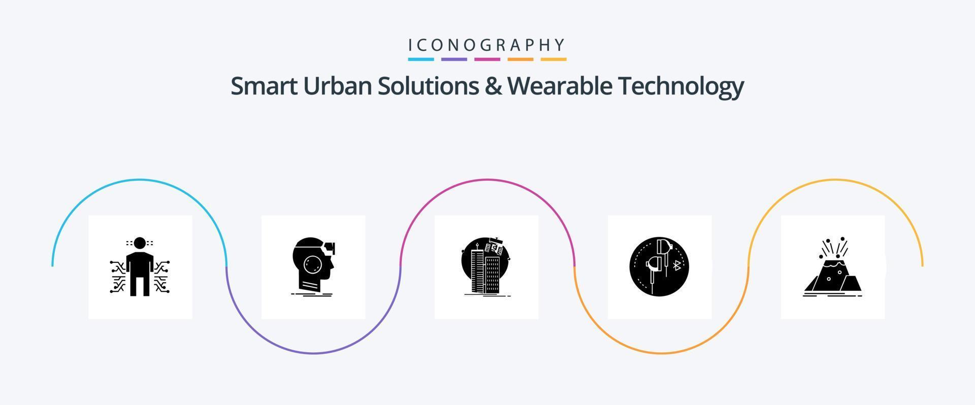 soluções urbanas inteligentes e pacote de ícones de glyph 5 de tecnologia vestível, incluindo orelha. corporação. realidade. satélite. cidade inteligente vetor