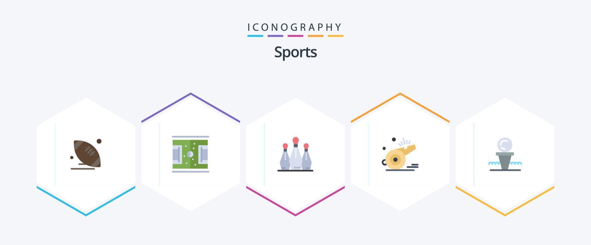 pacote de ícones planos de 25 esportes, incluindo árbitro. apito. futebol. esporte. boliche vetor