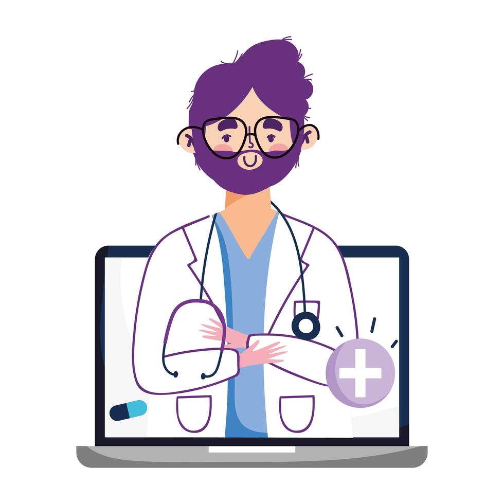 homem isolado médico e desenho vetorial de laptop vetor