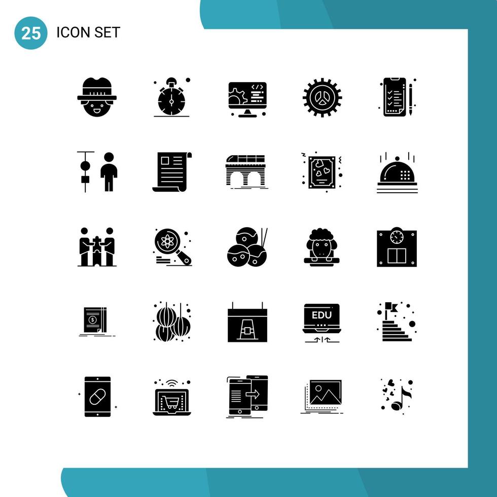 grupo de 25 glifos sólidos modernos definidos para análise opções de configurações de desenvolvimento de design da web elementos editáveis de design vetorial vetor