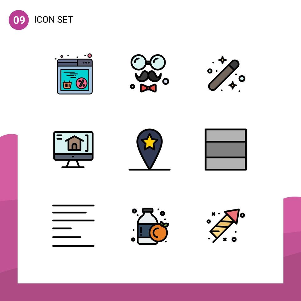 pacote de 9 sinais e símbolos modernos de cores planas de linha preenchida para mídia de impressão na web, como elementos de design de vetores editáveis de gráficos de computador geo home love