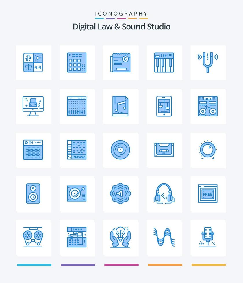 lei digital criativa e estúdio de som 25 pacote de ícones azuis, como teclado. controlador. viver. Arquivo. restrição vetor