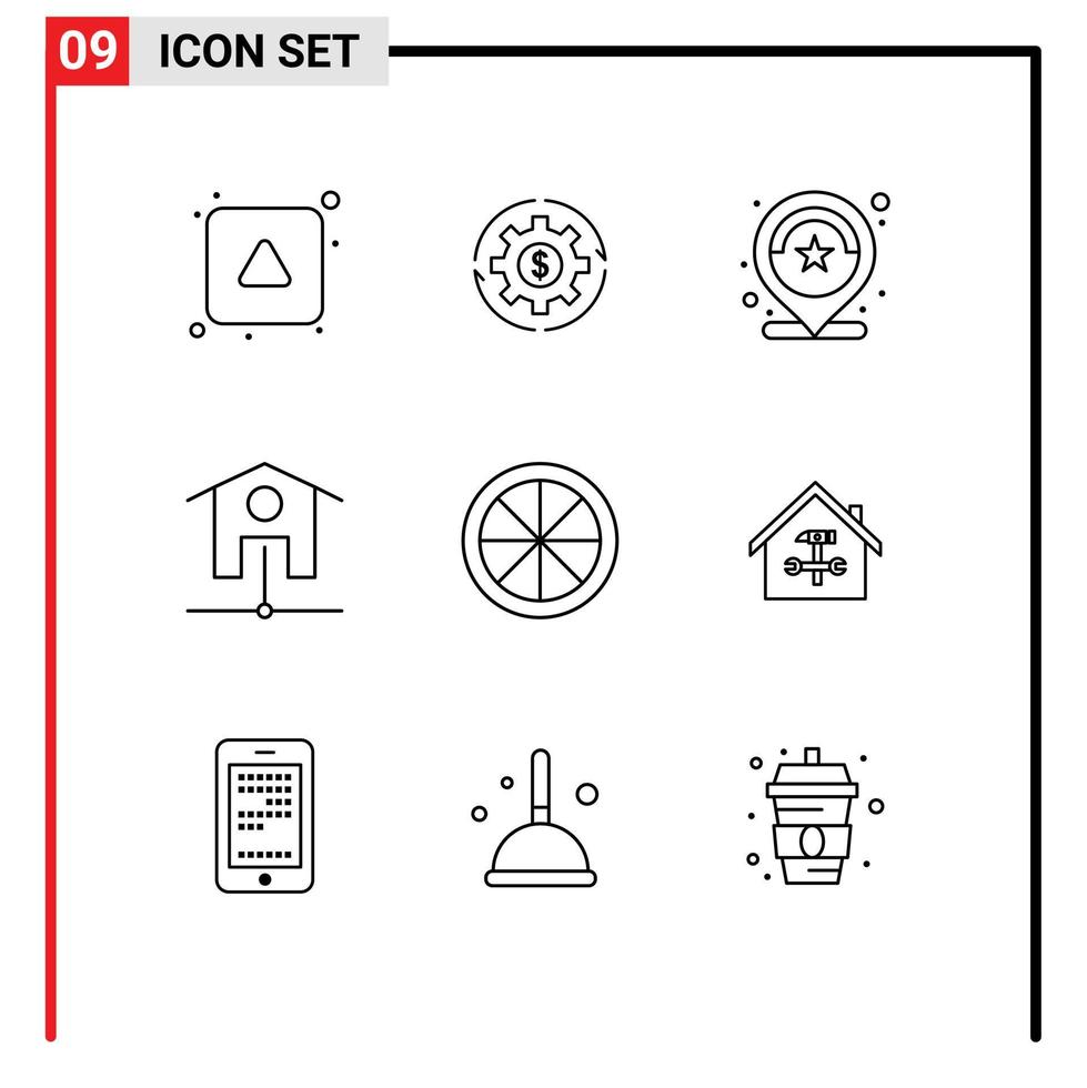 9 símbolos de sinais de contorno universal de estrelas de casas inteligentes, tornando elementos de design de vetores editáveis de número de revisão