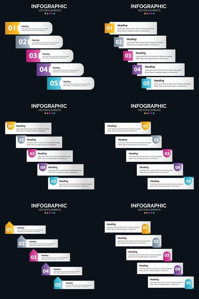 modelo de slide de apresentação de pacote de infográficos vetor 6 diagramas de ciclo de 5 etapas e linhas do tempo