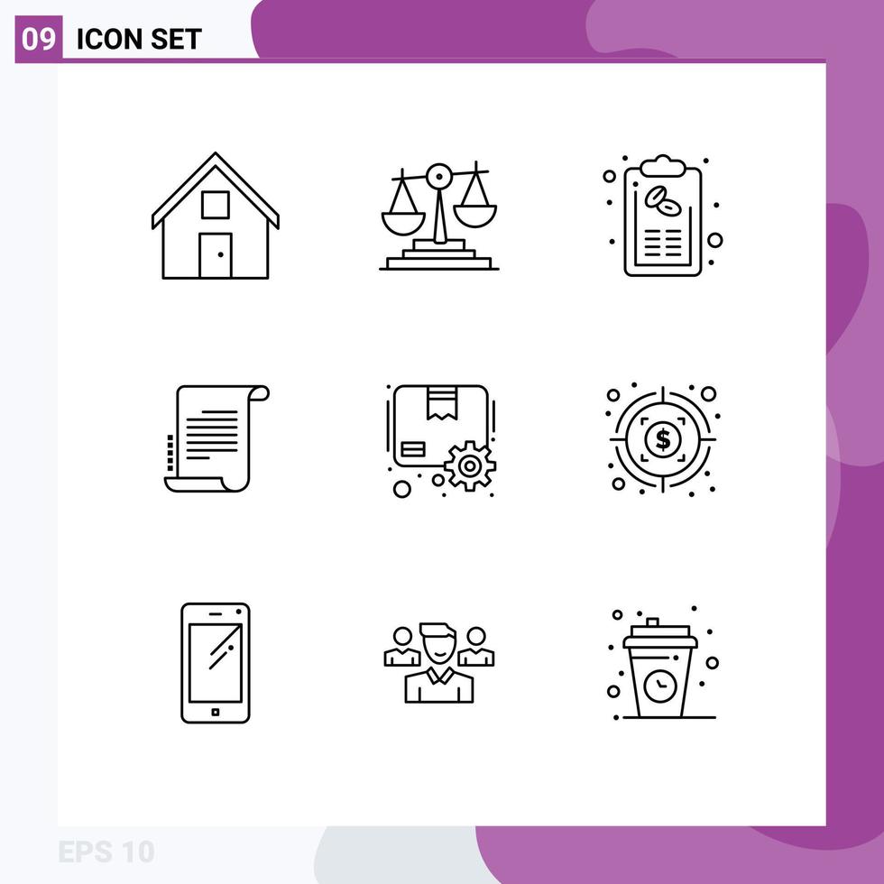 conjunto de esboço de interface móvel de 9 pictogramas de roteiro romance lista de decretos de investimento elementos de design de vetores editáveis