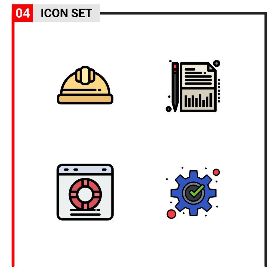 pacote de ícones de vetores de estoque de 4 sinais e símbolos de linha para boné salva-vidas, capacete de trabalho, proteção, relatório, elementos de design de vetores editáveis