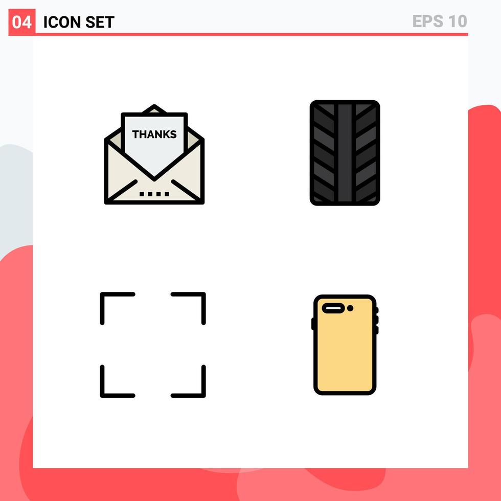 Pacote de cores planas de 4 linhas preenchidas de interface de usuário de sinais e símbolos modernos de tela de envelope graças à roda de elementos de design de vetores editáveis de telefone inteligente