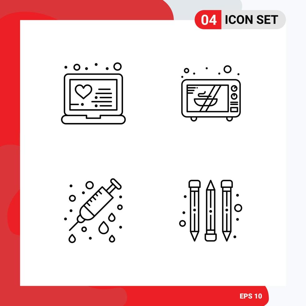 pacote de linha vetorial editável de 4 cores planas de linha preenchida simples de lápis de forno de tratamento hospitalar para laptop elementos de design vetorial editáveis vetor