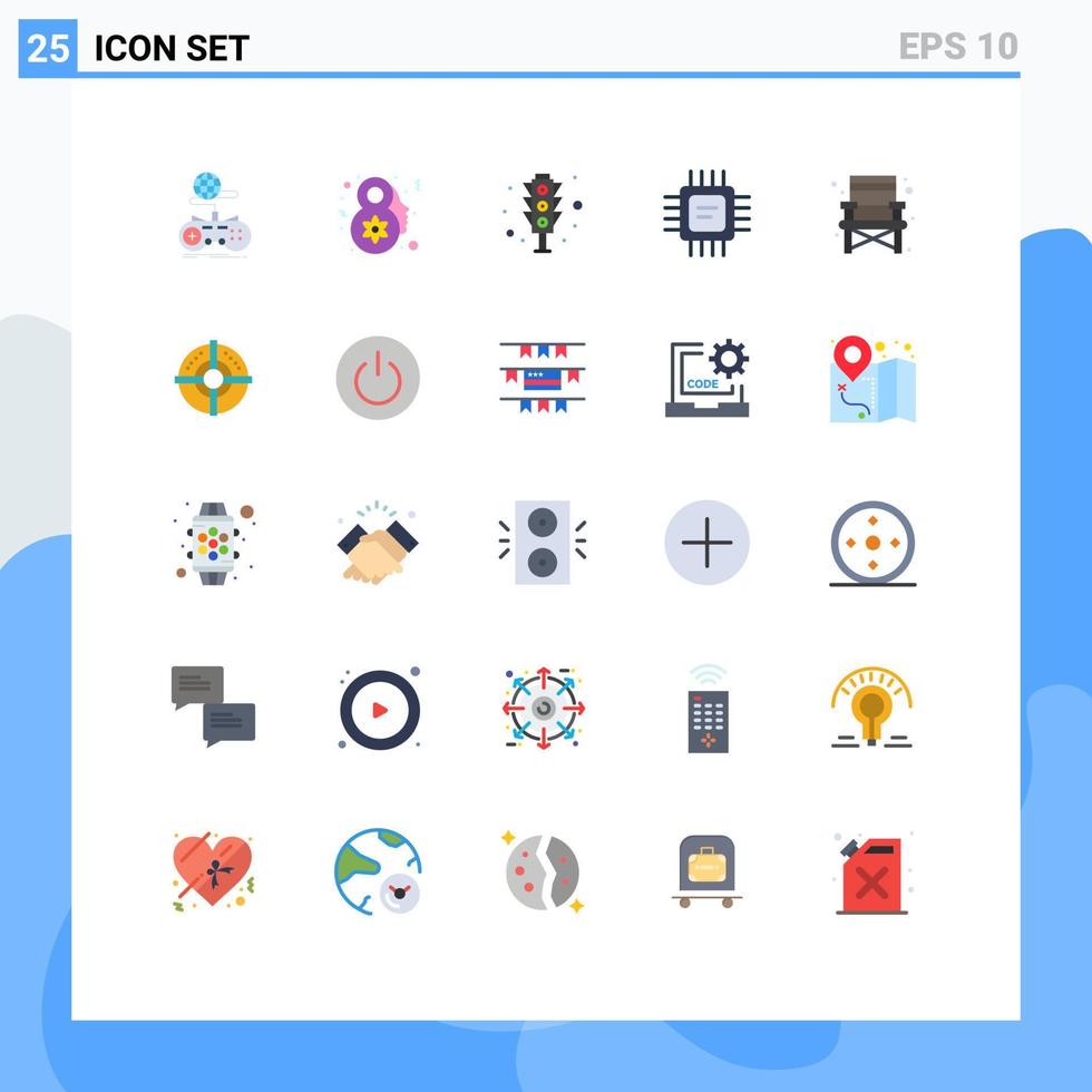 conjunto de cores planas de interface móvel de 25 pictogramas de elementos de design de vetores editáveis de chip de dispositivos de sinal de processador de acampamento