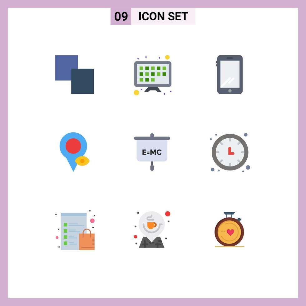 conjunto de pictogramas de 9 cores planas simples de fórmula de apresentação localização de ponteiro móvel elementos de design vetorial editáveis vetor