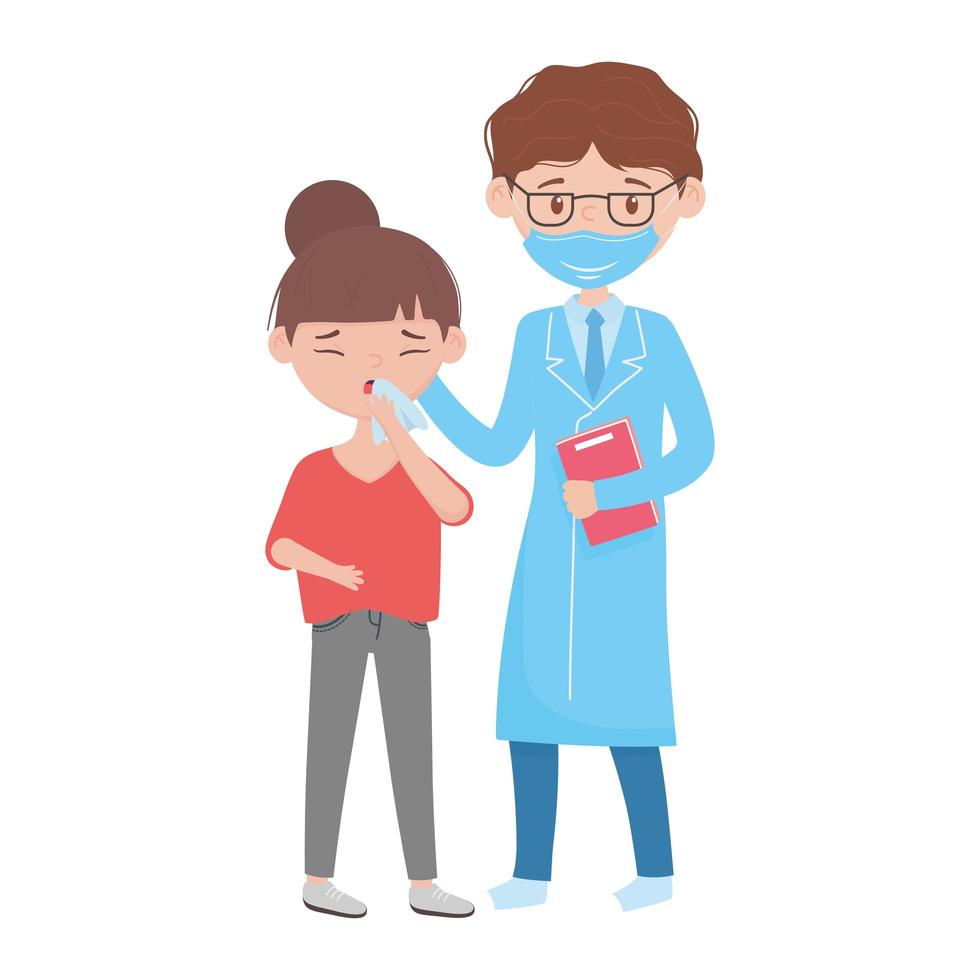homem isolado médico e menina com desenho vetorial de tosse seca vetor
