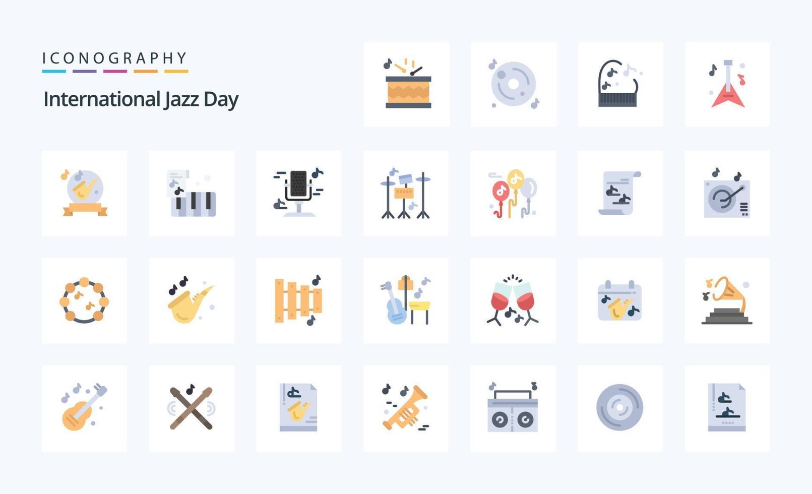 25 pacote de ícones de cores planas do dia internacional do jazz vetor
