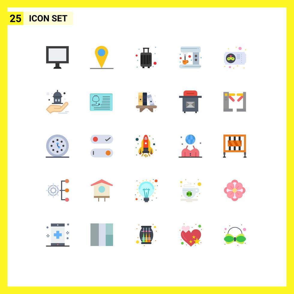 pacote de 25 sinais e símbolos modernos de cores planas para mídia impressa na web, como ingresso, carnaval, bagagem, máquina de carnaval, elementos de design vetorial editáveis vetor