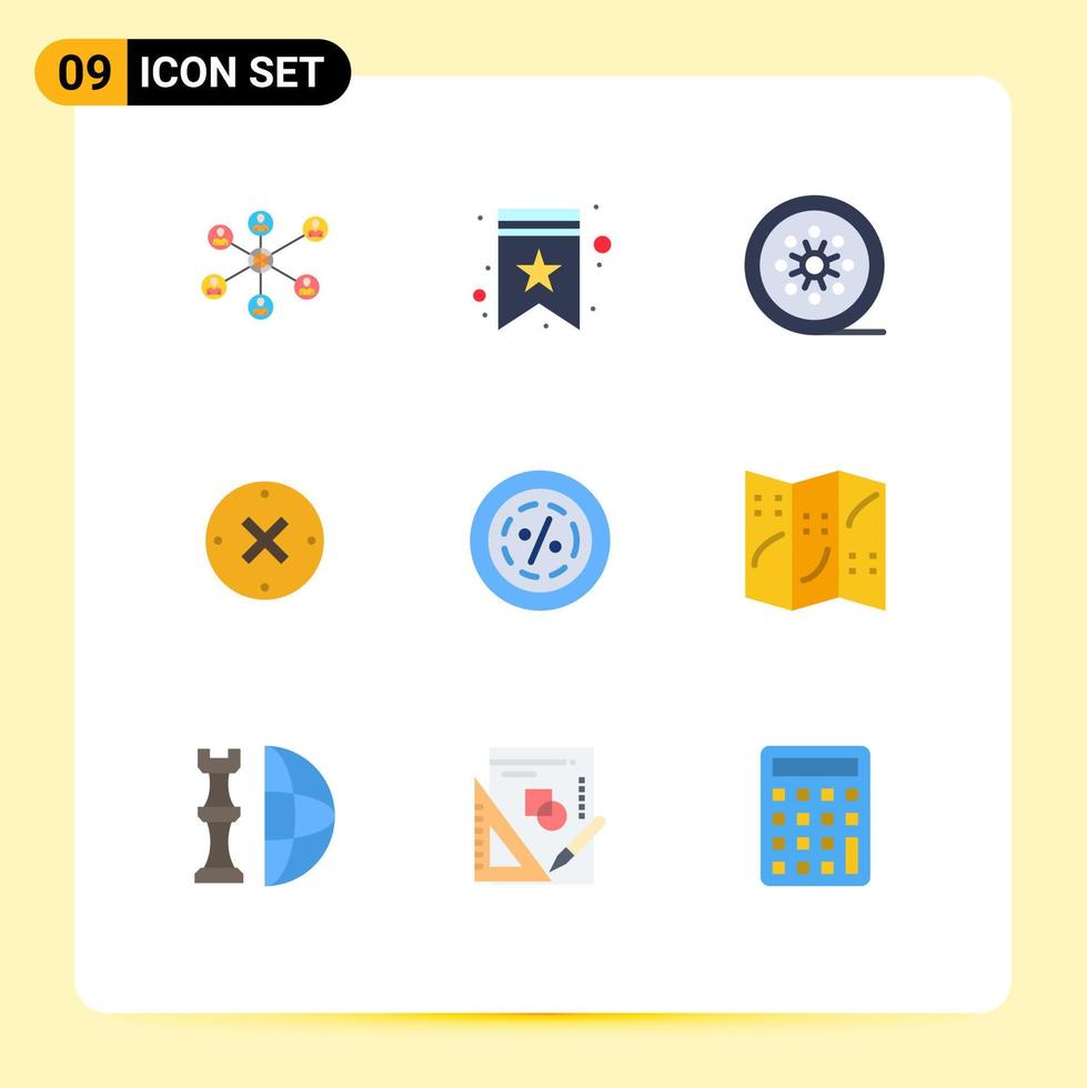 pacote de 9 sinais e símbolos modernos de cores planas para mídia impressa na web, como desconto, exclusão de filme preto, elementos de design de vetores editáveis de carretel vintage
