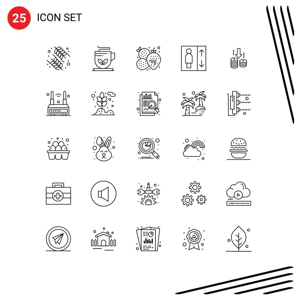 grupo de símbolos de ícones universais de 25 linhas modernas de fundos de dinheiro, elevador de abacaxi, elevador, elementos de design de vetores editáveis