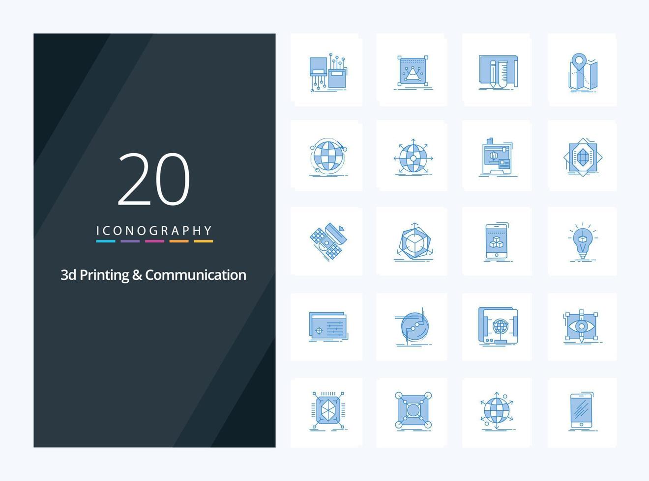 20 impressão 3D e ícone de cor azul de comunicação para apresentação vetor