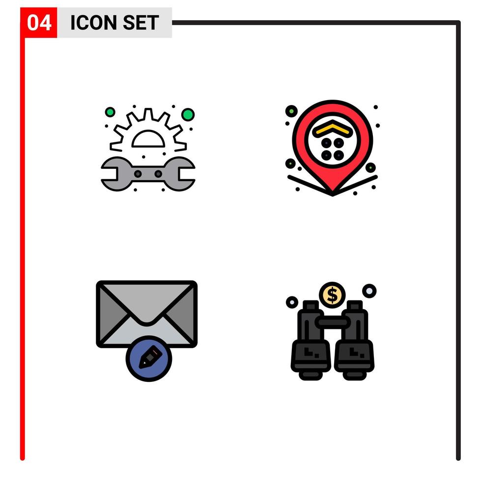 grupo de 4 cores planas de linhas preenchidas modernas definidas para binóculos de propriedade de chave de mensagem de engrenagem elementos de design de vetores editáveis