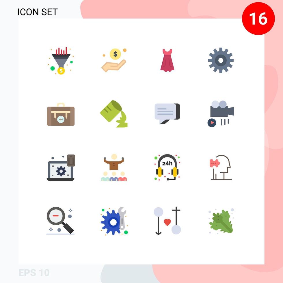 Pacote de cores planas de 16 interfaces de usuário de sinais e símbolos modernos de engrenagens de acampamento ajudam o pacote editável de engrenagens de roda de elementos de design de vetores criativos