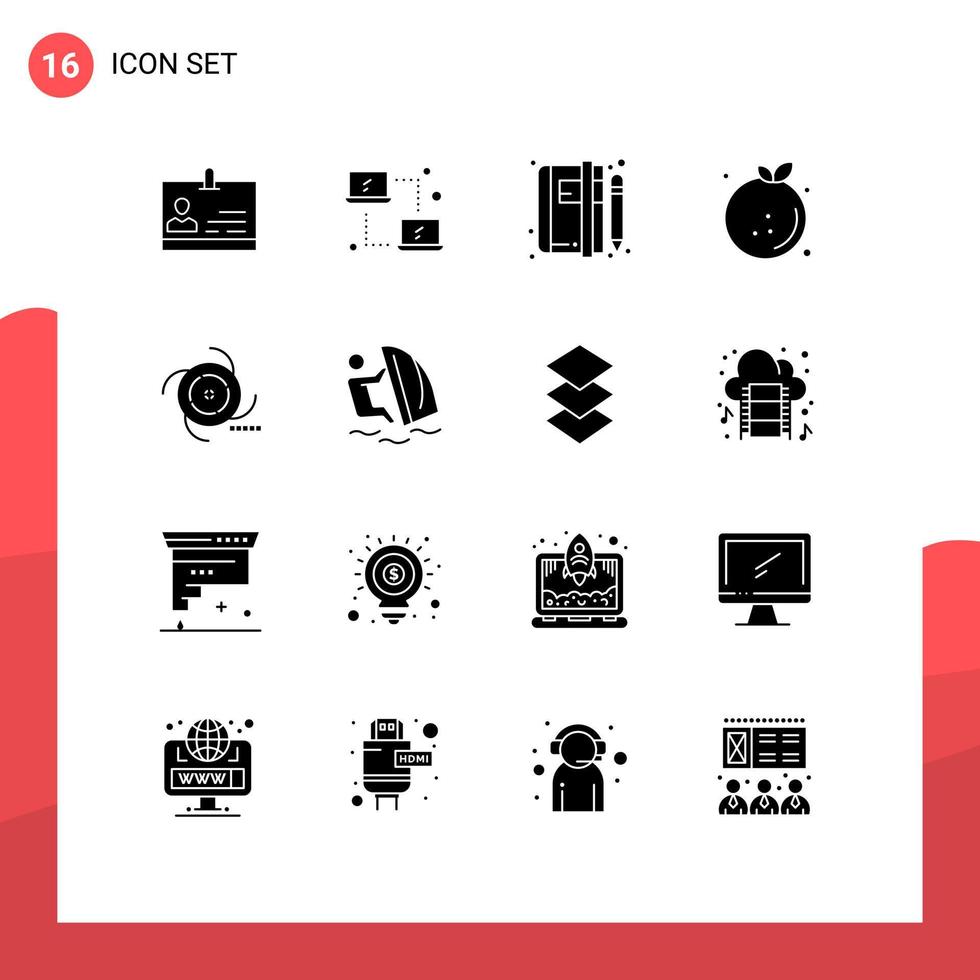 conjunto de glifos sólidos de interface móvel de 16 pictogramas de bloco de notas de comida laranja notícias de dieta elementos de design de vetores editáveis