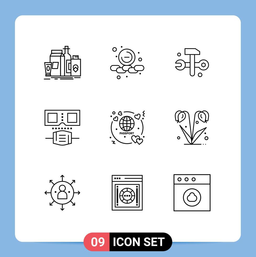 9 contornos vetoriais temáticos e símbolos editáveis da máscara da web de proteção de passaporte soluções de it elementos de design vetorial editáveis vetor