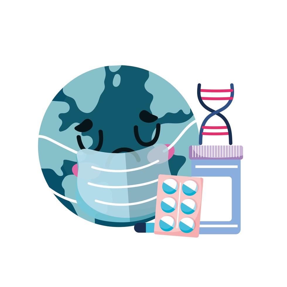 mundo doente com máscara de pílulas de remédio e desenho vetorial de DNA vetor