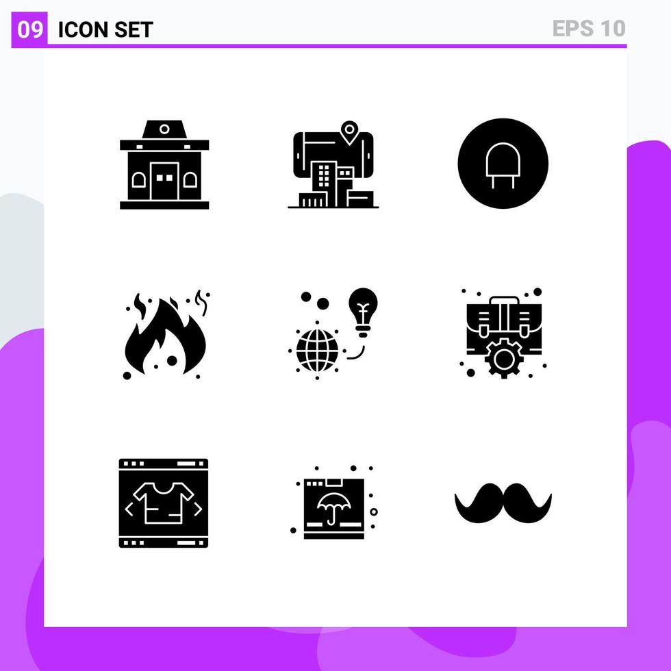 pacote de 9 sinais e símbolos de glifos sólidos modernos para mídia impressa na web, como proteção de carga verde de lâmpada, fogo, elementos de design vetorial editáveis vetor