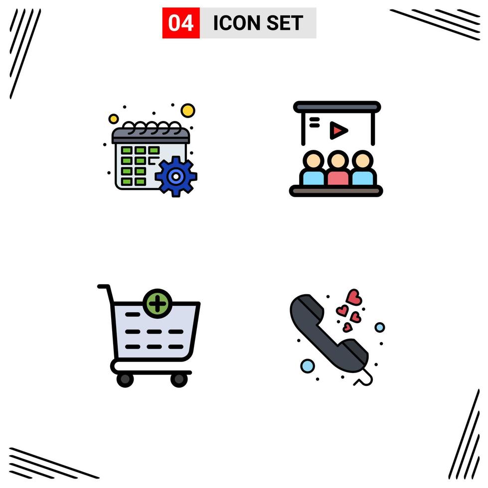 conjunto de pictogramas de 4 cores planas de linha preenchida simples do tutorial de configurações de check-out do calendário, elementos de design de vetores editáveis do carrinho de compras