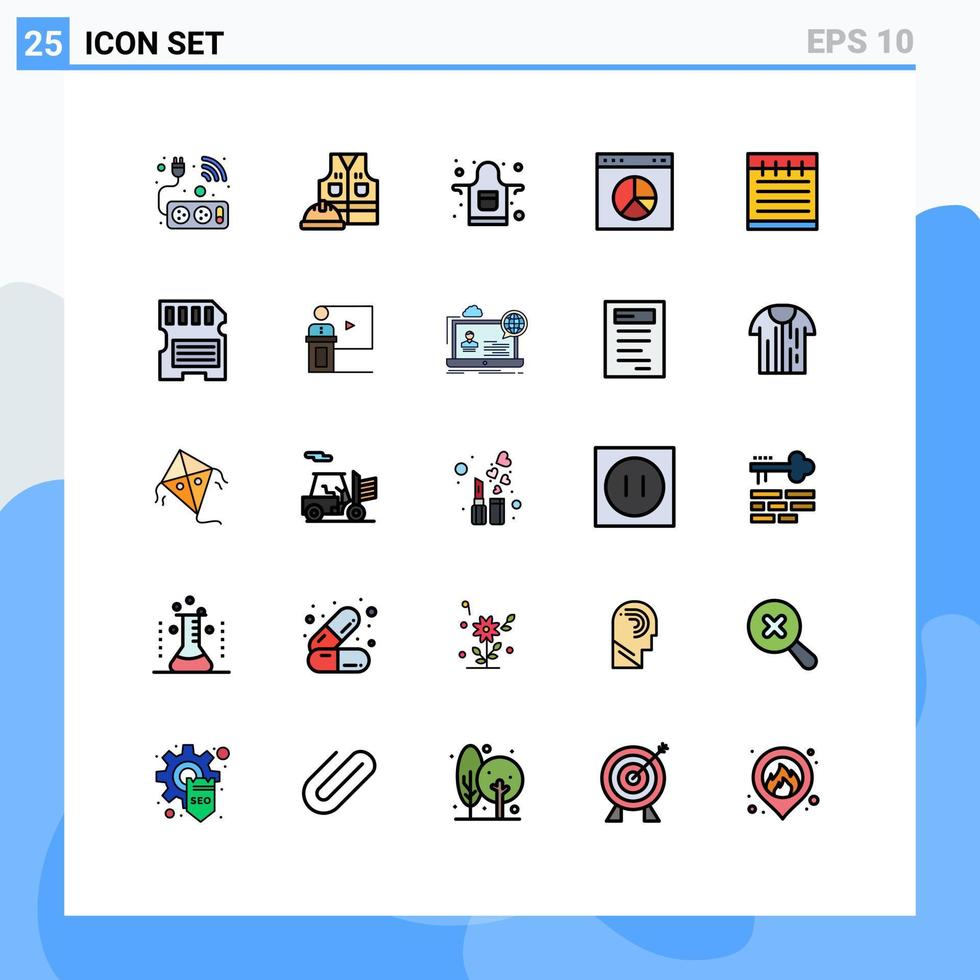 grupo de símbolos de ícone universal de 25 cores planas de linha preenchida moderna de avental de caderno escolar site internet elementos de design de vetores editáveis