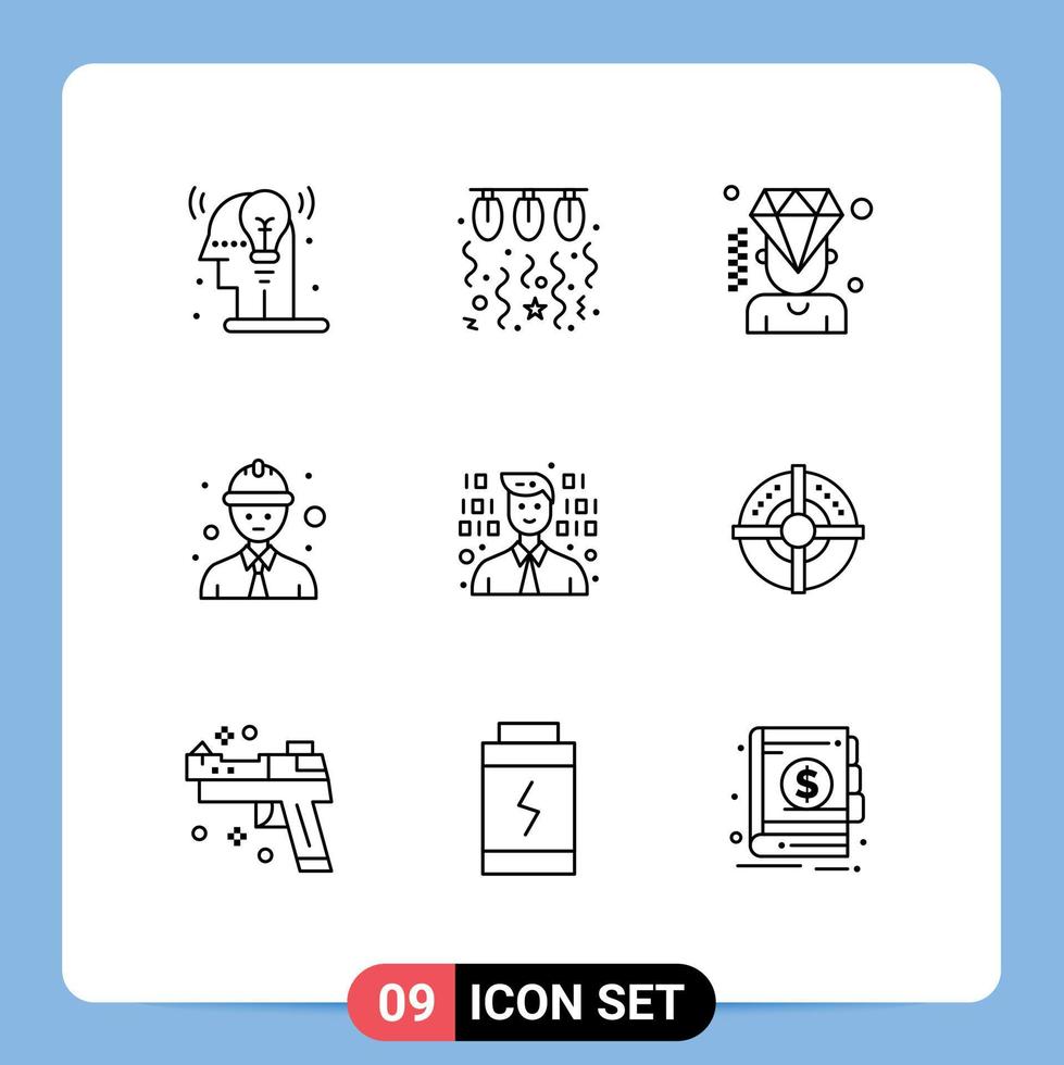 grupo de 9 contornos modernos definidos para elementos de design de vetores editáveis de membros de trabalhadores de segurança de programadores