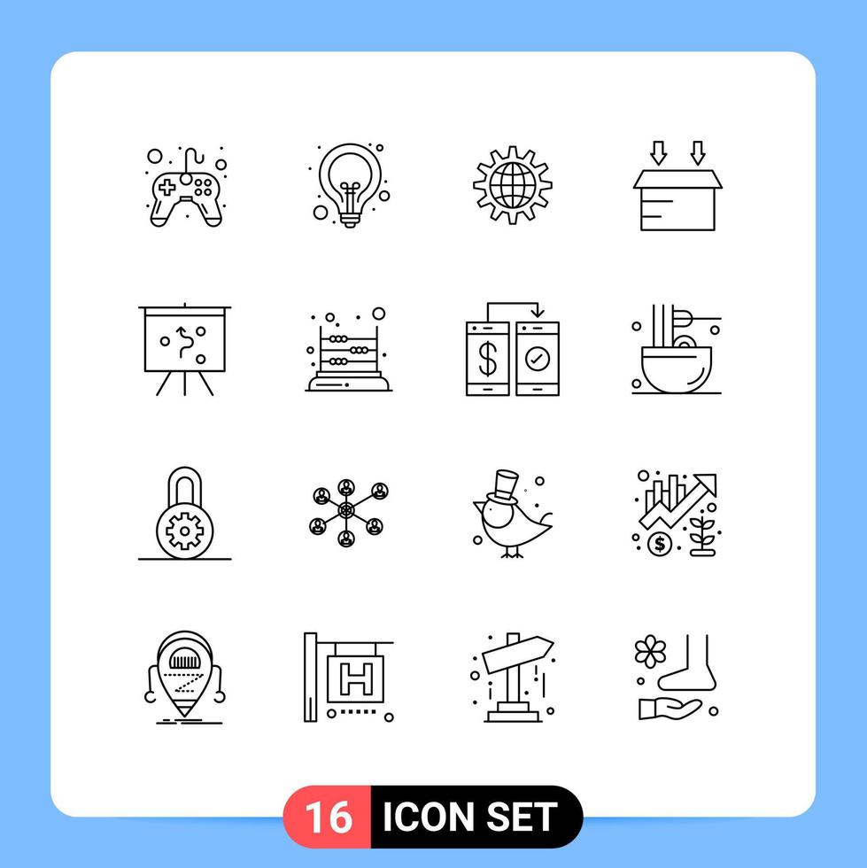 16 símbolos de sinais de contorno universal de elementos de design de vetores editáveis de desenvolvimento de trabalho na web do mundo logístico