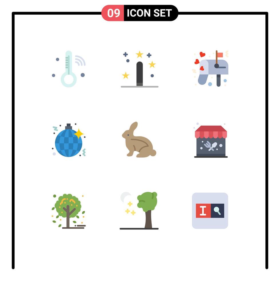 pacote de 9 sinais e símbolos modernos de cores planas para mídia impressa na web, como programação de noite de coelho, correio de música, elementos de design de vetores editáveis
