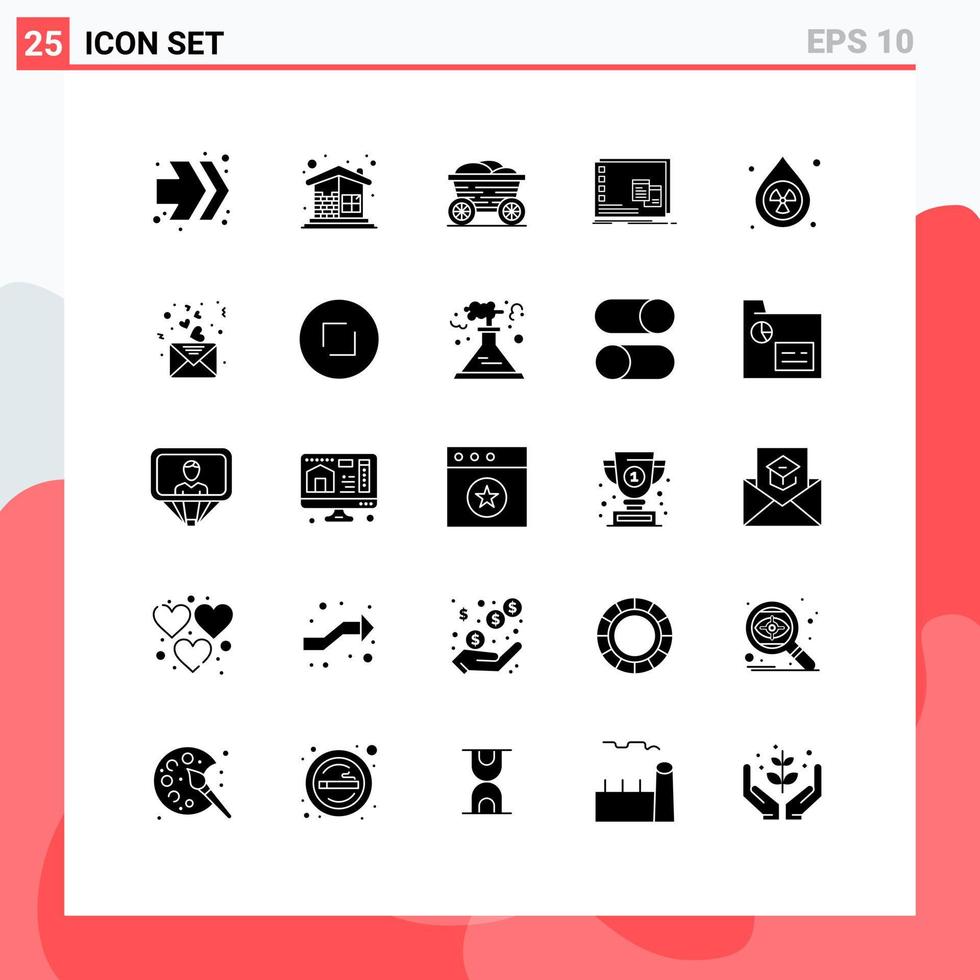 conjunto de glifos sólidos de interface móvel de 25 pictogramas de elementos de design de vetores editáveis de janela operacional de carrinho limpo