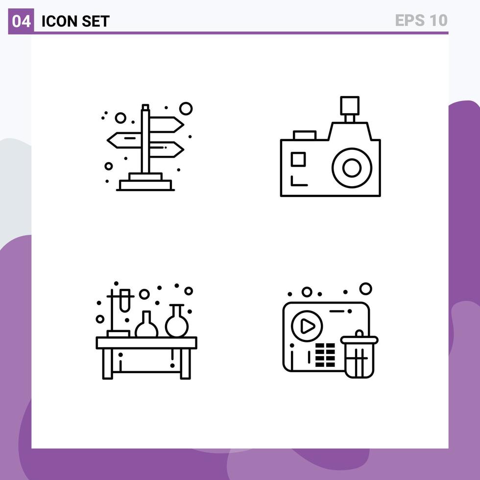 conjunto moderno de 4 cores e símbolos planos de linha preenchida, como experimento de setas, laboratório de fotógrafo de câmera, elementos de design de vetores editáveis