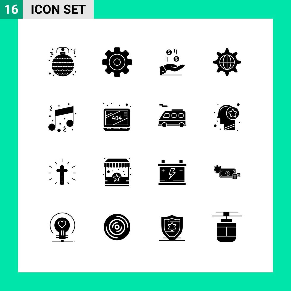 conjunto de pictogramas de 16 glifos sólidos simples de elementos de design de vetores editáveis de caridade mundial de mão de aniversário